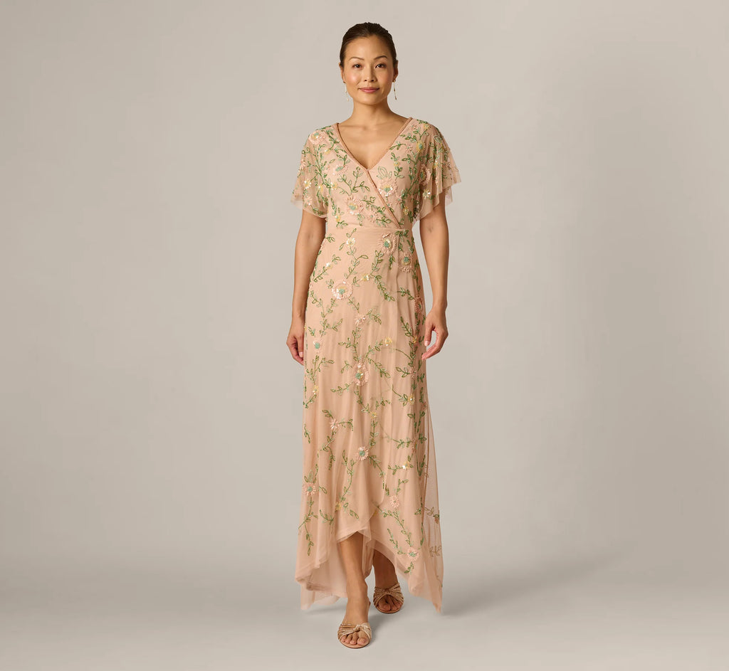 Flutter Sleeve Beaded Wrap Dress In Blush Multi