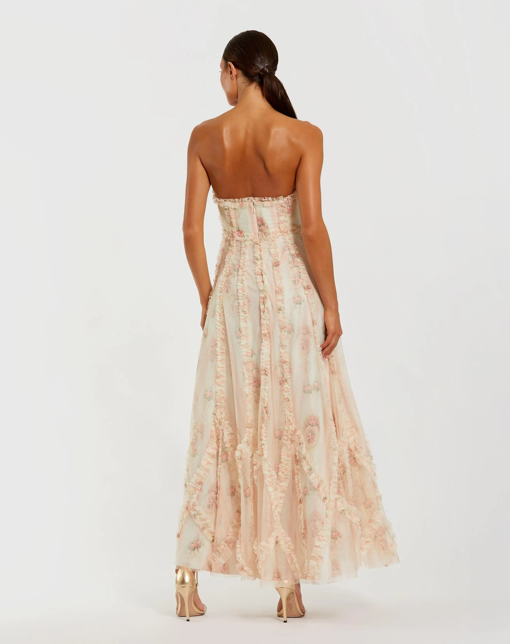Pink and White Strapless Floral Ruffle Dress