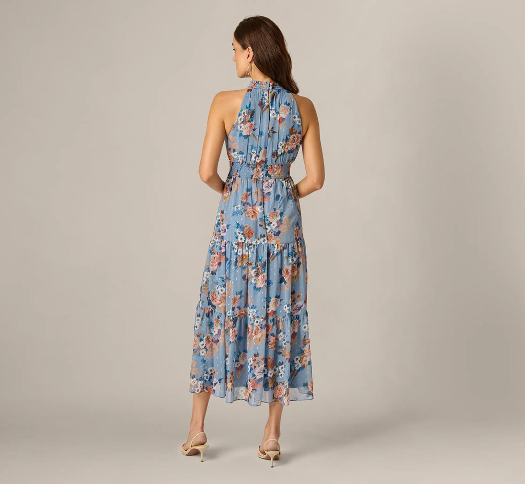 Floral Meta Chiffon Tiered Halter Midi Dress In Blue Multi