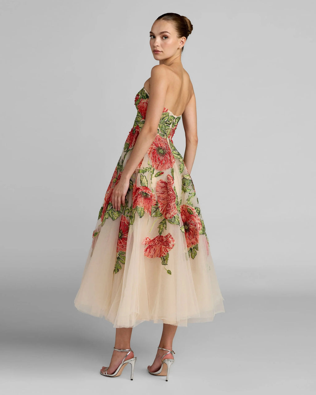 Beige Strapless Floral Embroidered Midi Dress