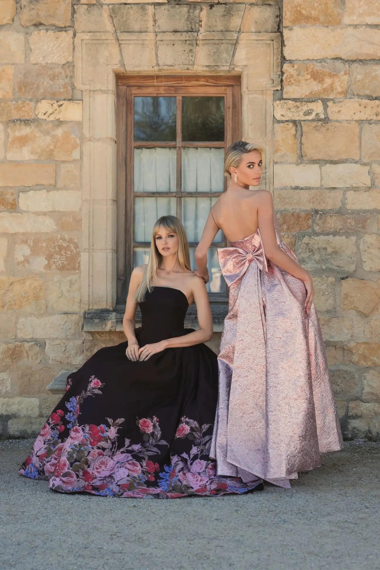 Black Strapless Floral Brocade Ballgown