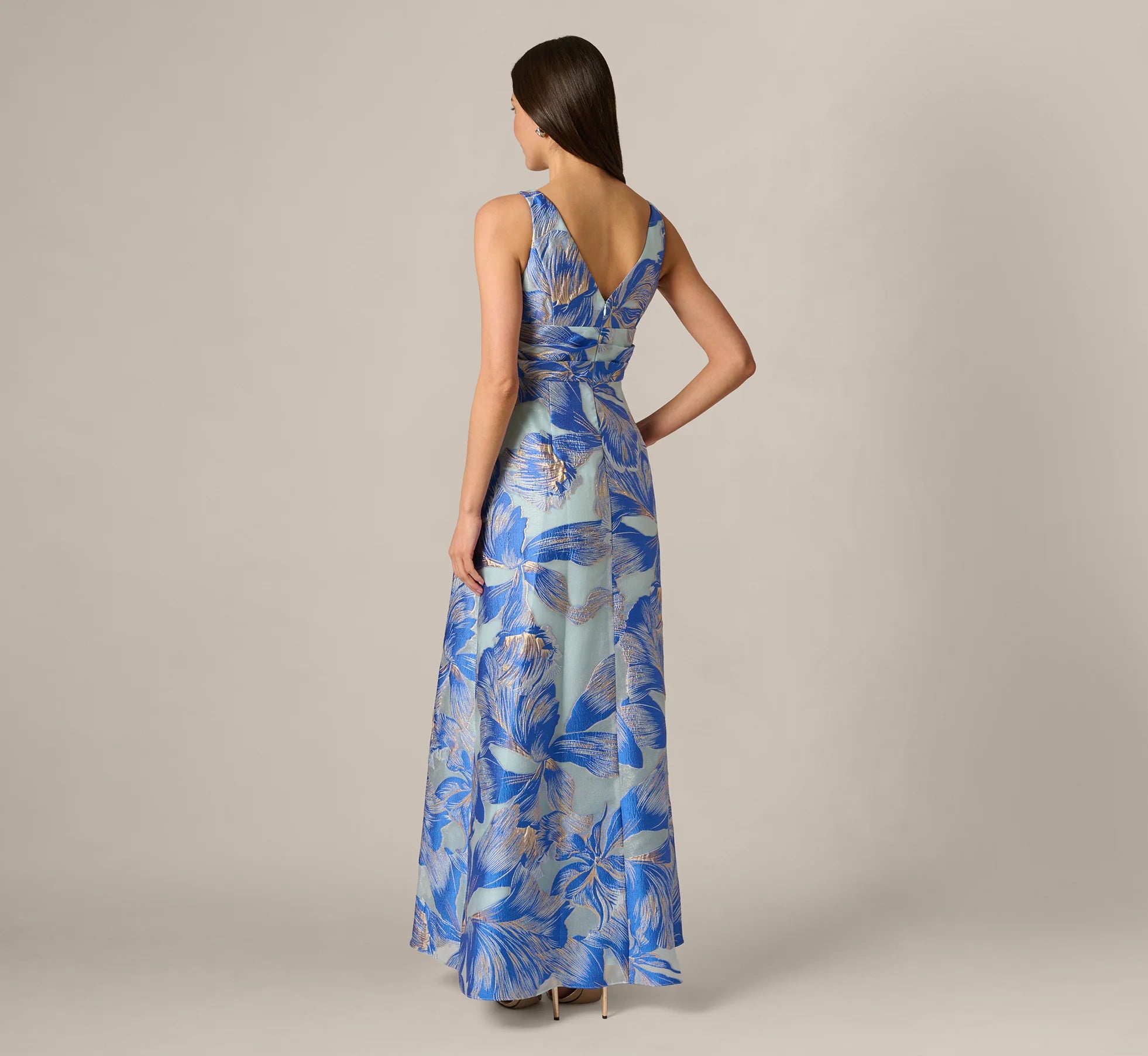 Metallic Iris Floral Organza Gown In Blue Multi