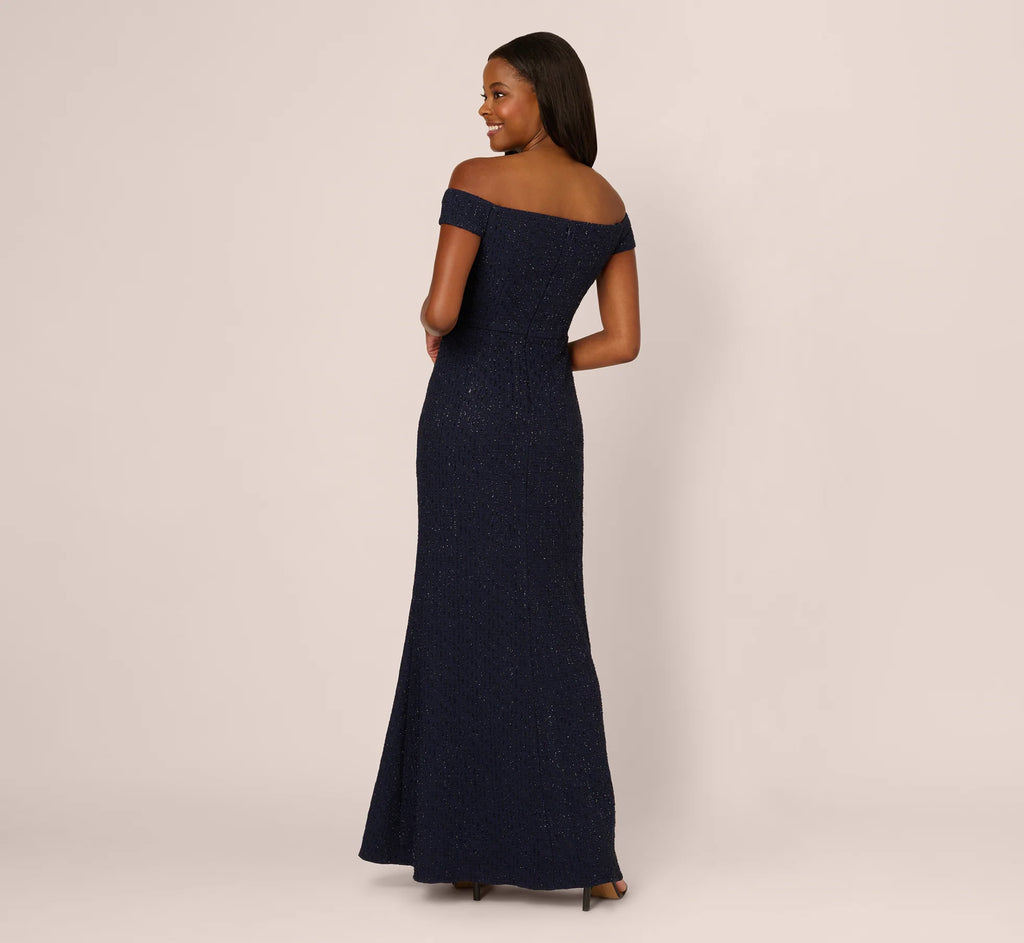 Beaded Off Shoulder Glitter Tweed Gown In Navy