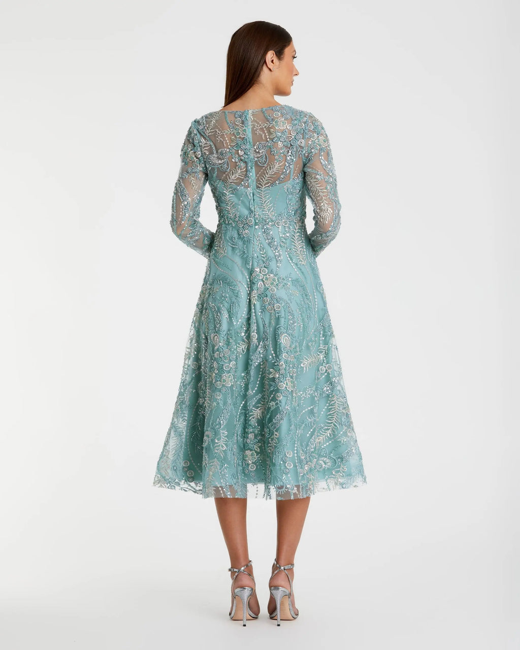 Blue Embellished Long Sleeve V-Neck Midi Dress