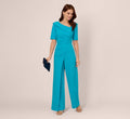 Short Sleeve Asymmetrical Wide Leg Crepe Jumpsuit In Bel Air Blue