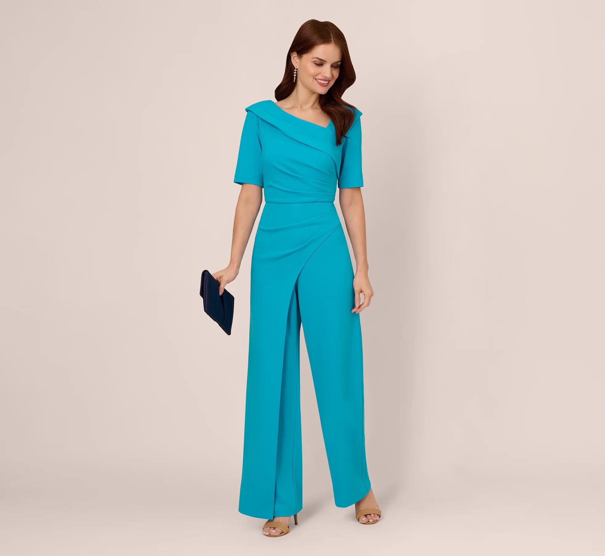 Short Sleeve Asymmetrical Wide Leg Crepe Jumpsuit In Bel Air Blue