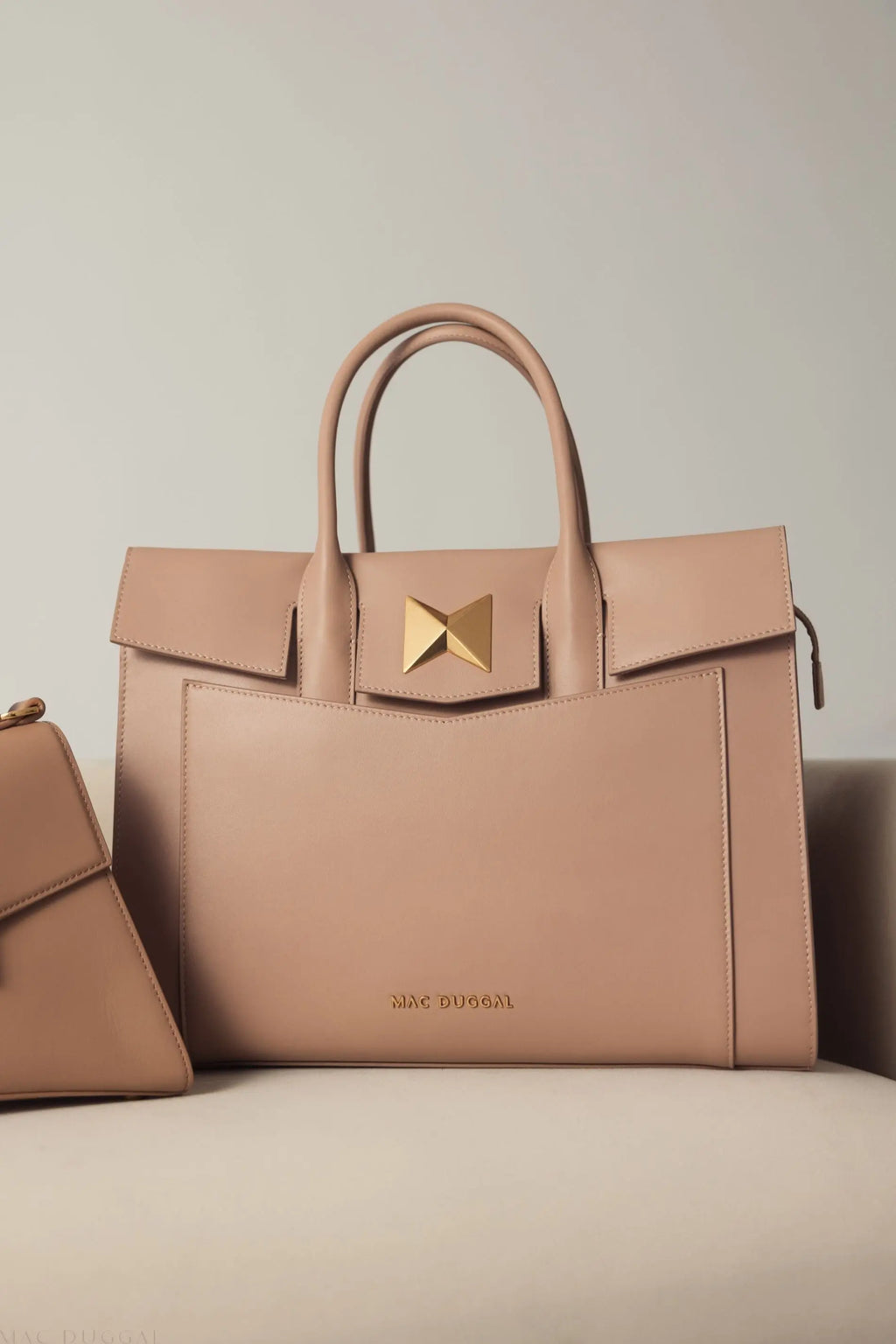 Beige Large Leather Briefcase Bag With Gold Hardware
