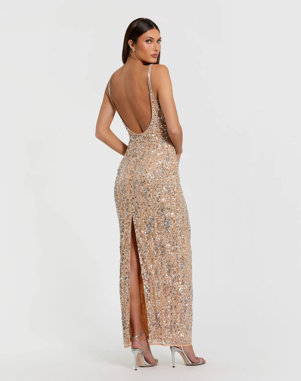 Beige Embellished Square Neck Gown