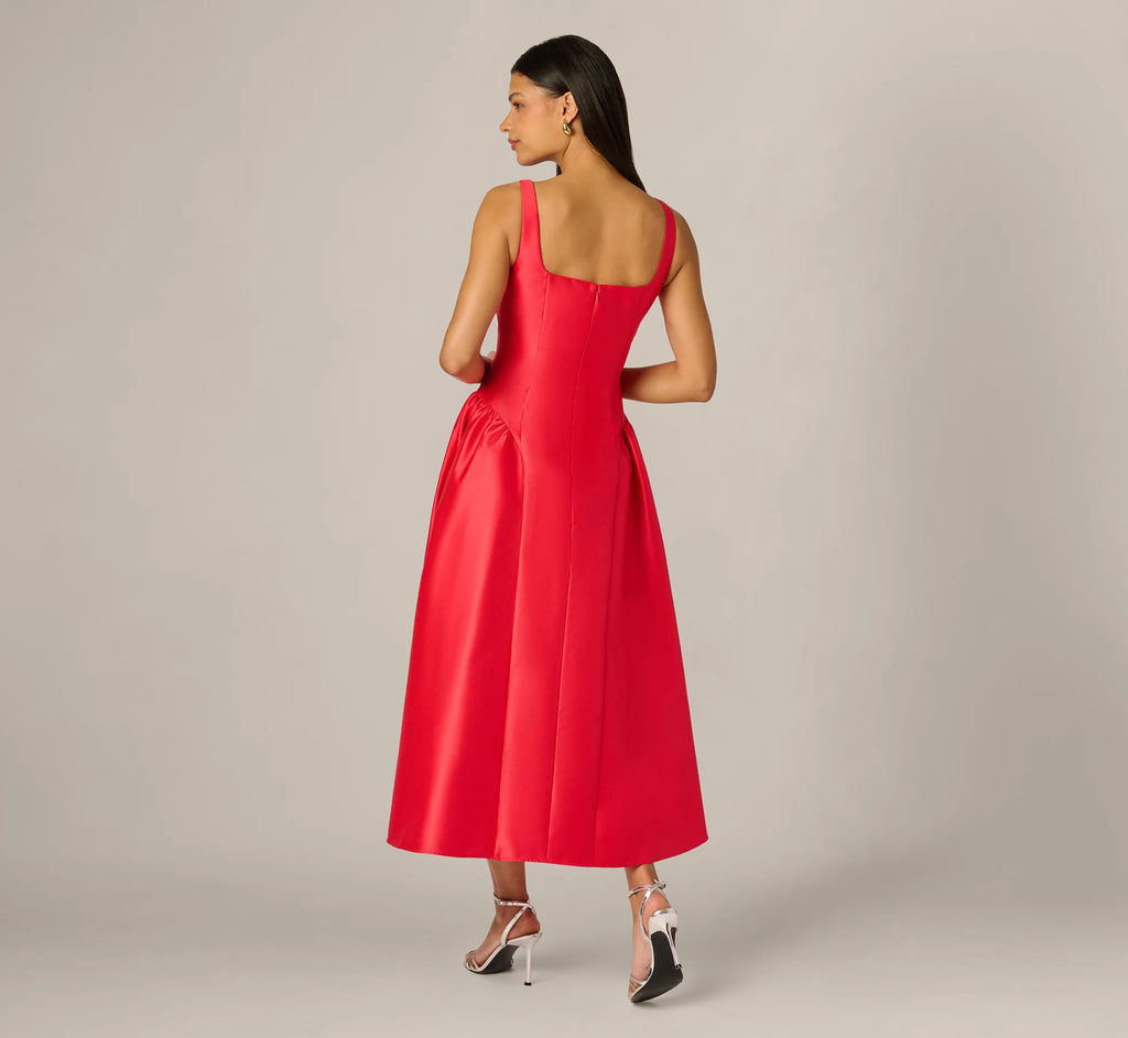 Drop Waist Fit And Flare Mikado Midi Dress In Persimmon