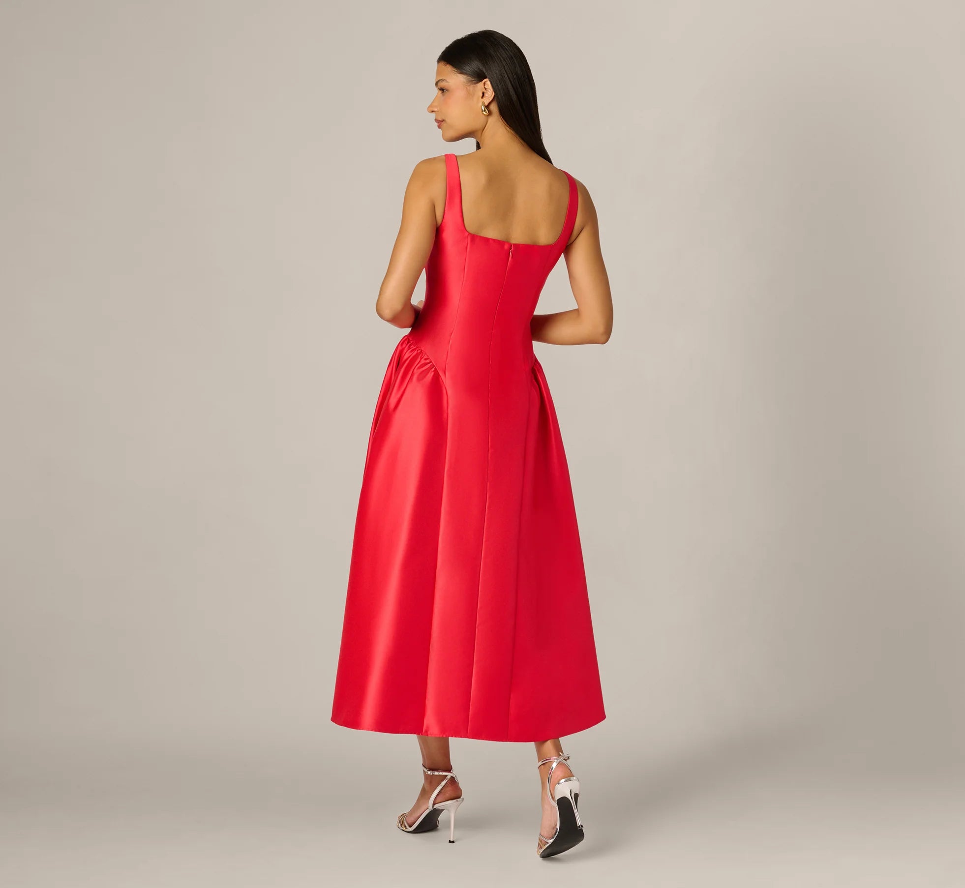 Drop Waist Fit And Flare Mikado Midi Dress In Persimmon