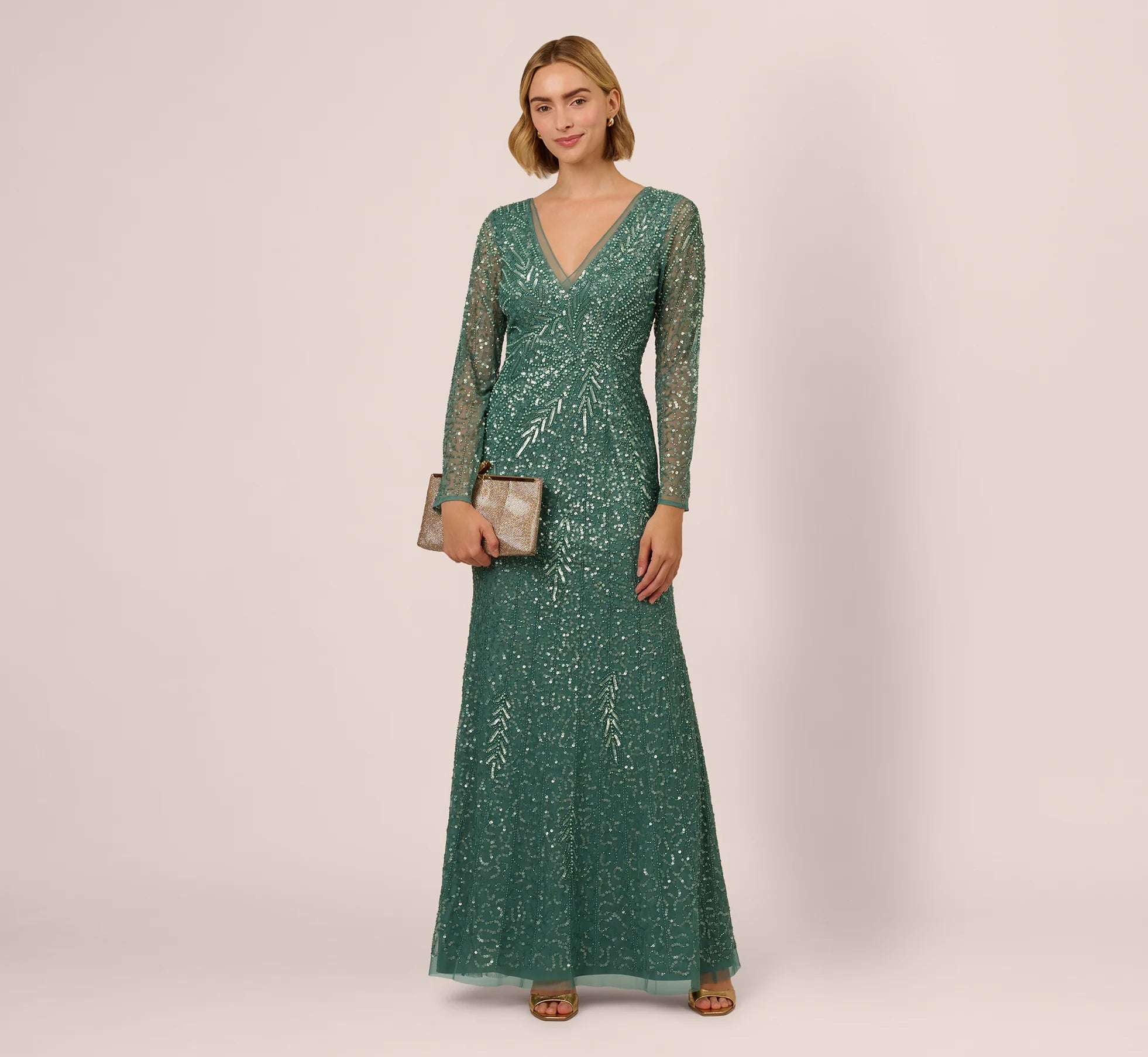 Long Sleeve Beaded Full Length Dress In Green Slate