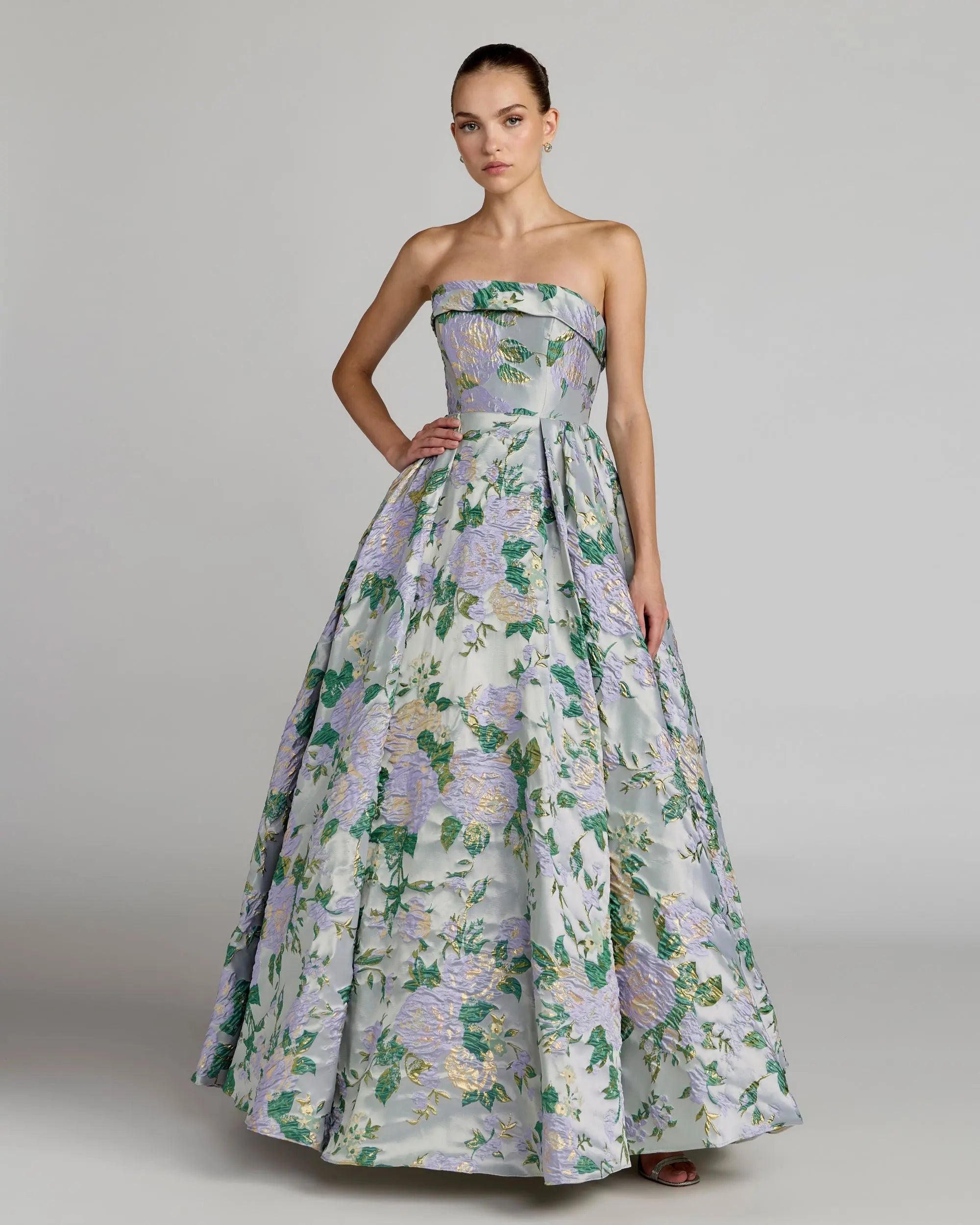 Blue Multicolor Floral Strapless Brocade Ball Gown