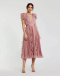 Pleated Chiffon V Neck Ruffle Midi Dress