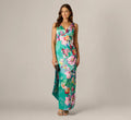 Floral Mikado Scarf Train Column Gown In Green Multi