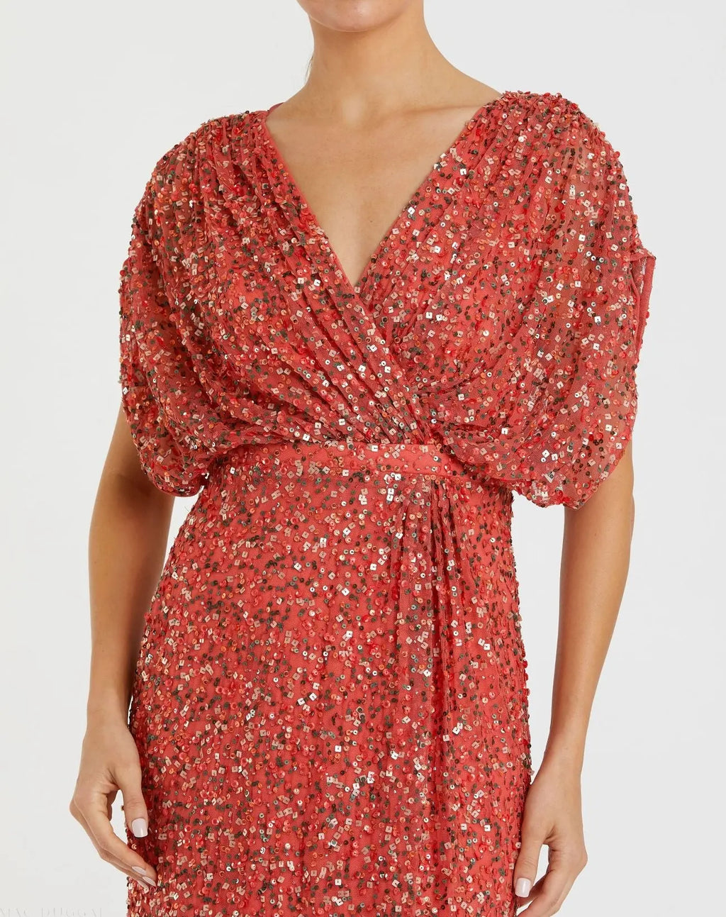 Red Sequin Draped Sleeve V-Neck Gown