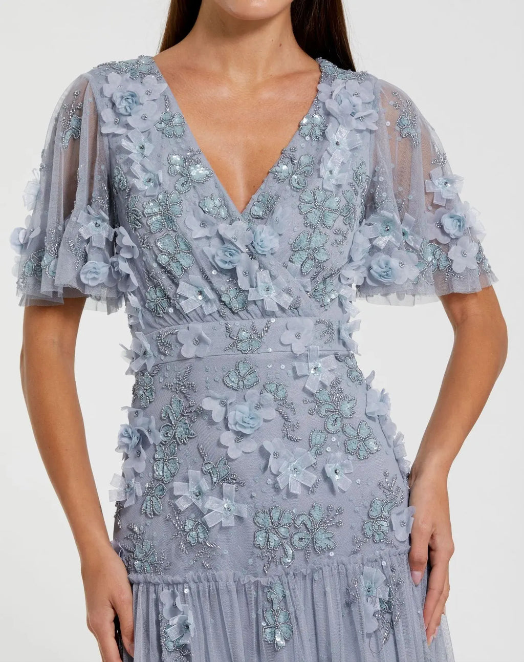 Blue Floral Embellished Flutter Sleeve Dress