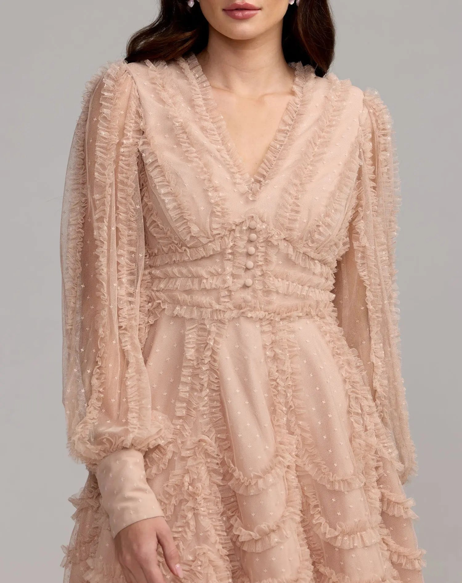 Beige Long Sleeve Micro Ruffle V Neck Mini Dress