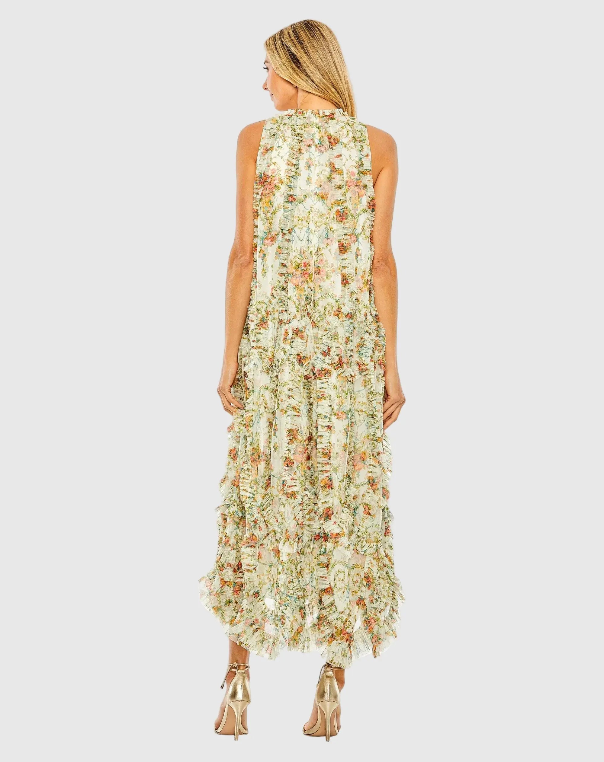 Ivory Sleeveless High Neck Ruffle Floral Dress