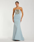 Blue Strapless Crepe Trumpet Gown with 3D Rhinestone Flower