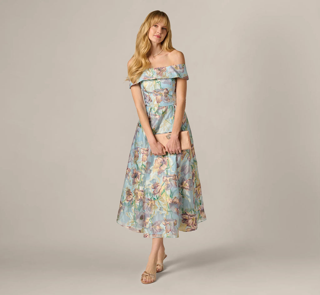 Off Shoulder Watercolor Floral Jacquard Ankle Dress In Blue Multi
