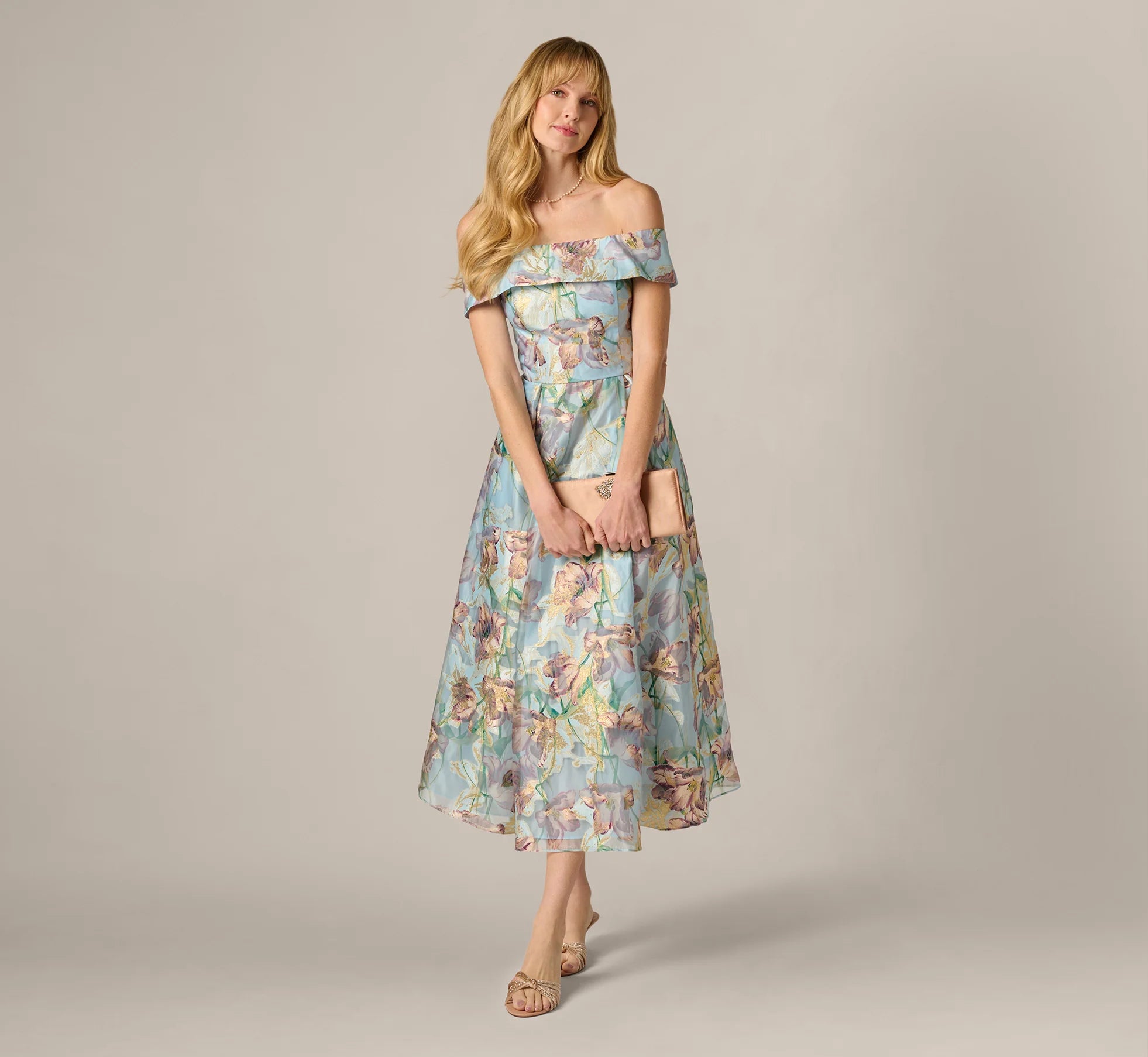 Off Shoulder Watercolor Floral Jacquard Ankle Dress In Blue Multi