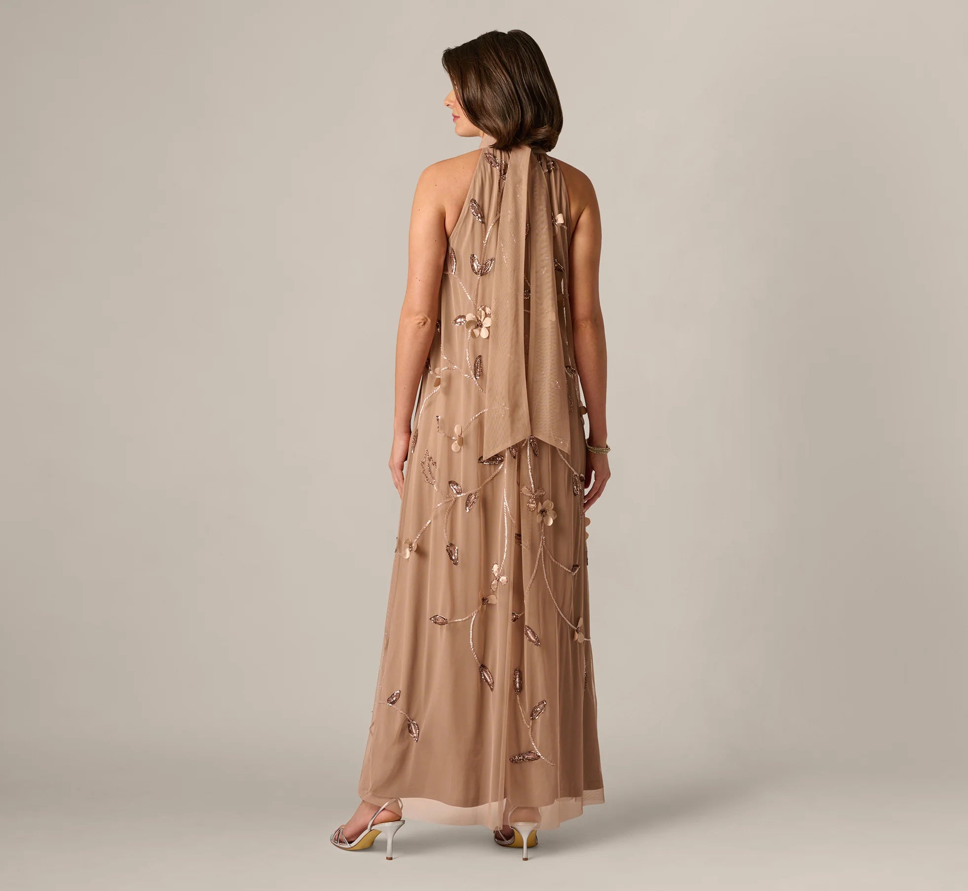 3D Floral Sequin Bead Trapeze Gown In Cafe Mocha
