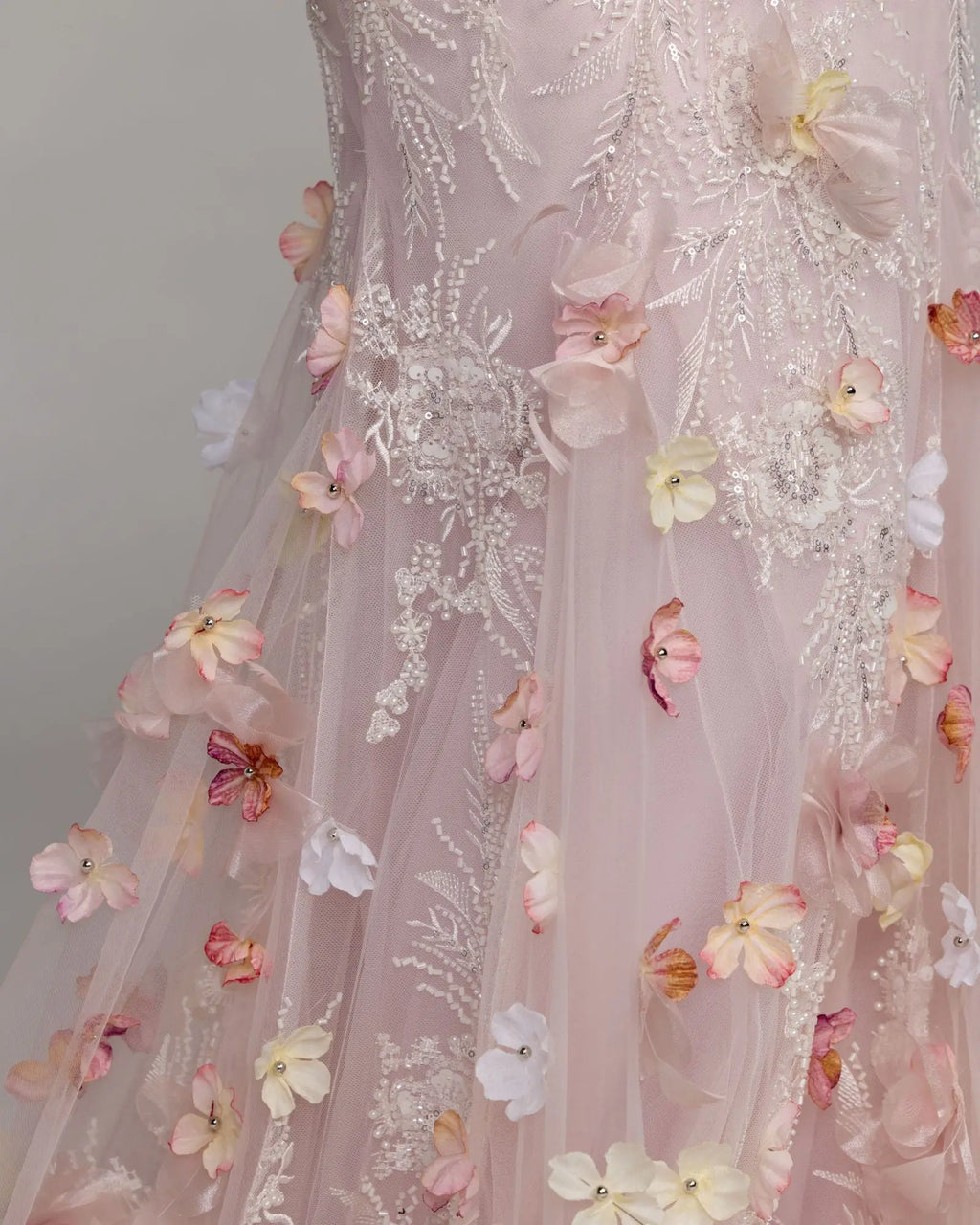Pink Strapless Embellished Mermaid Gown With 3D Floral Hem