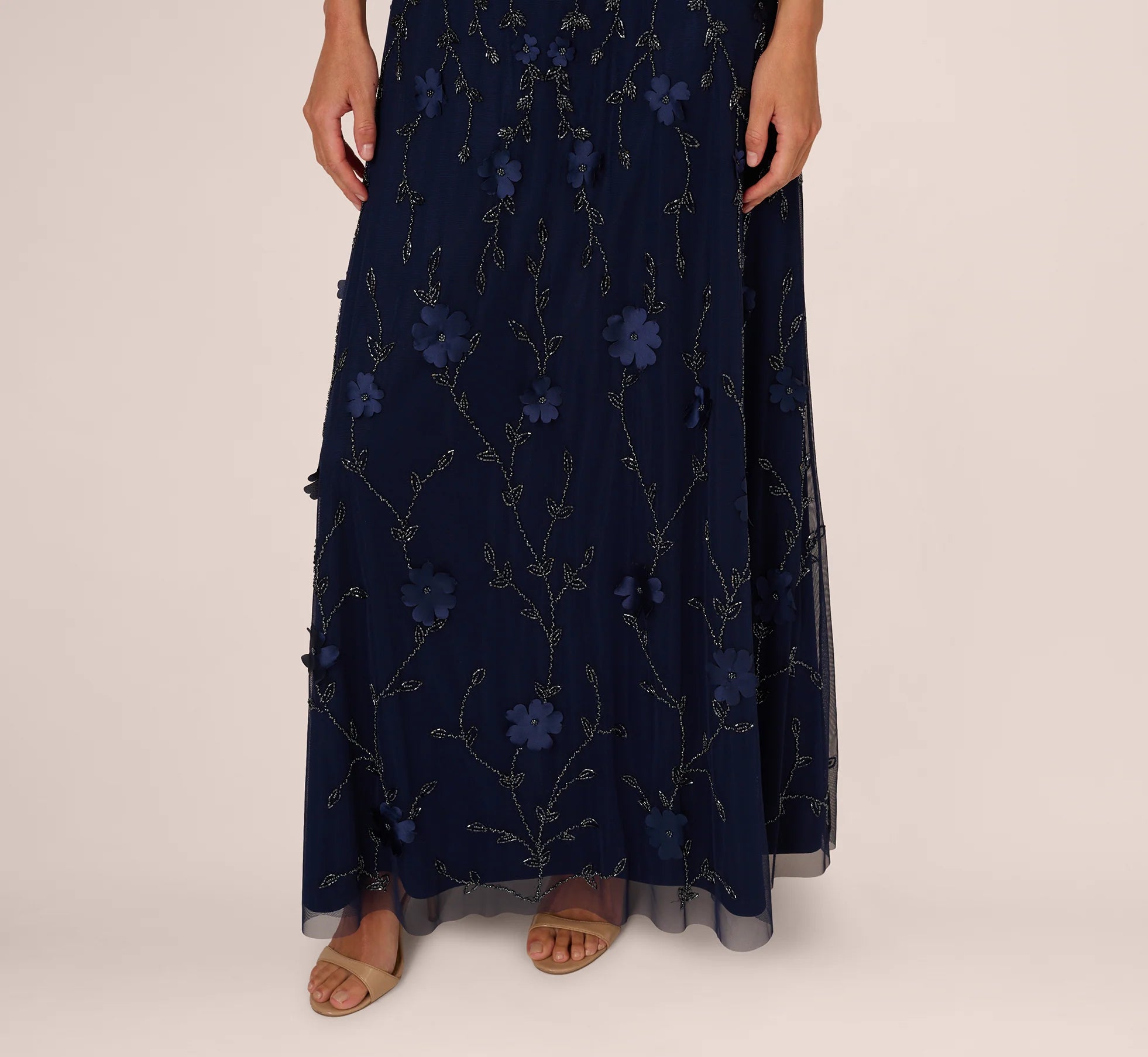 Sleeveless Illusion 3D Petal Beaded Gown In Light Navy