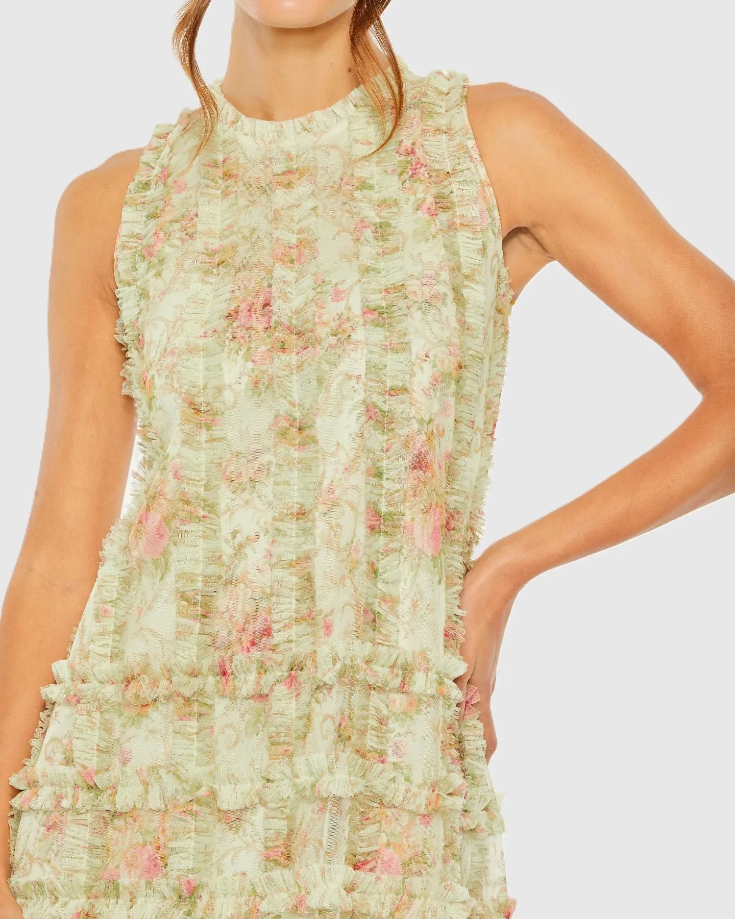 Green Tiered Ruffle Sleeveless Midi Dress