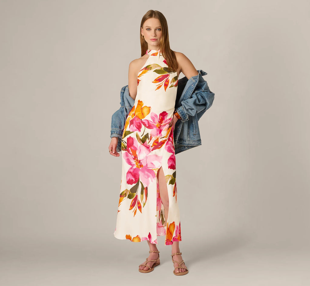 Floral Printed Satin Midi Halter Dress In Champagne Multi