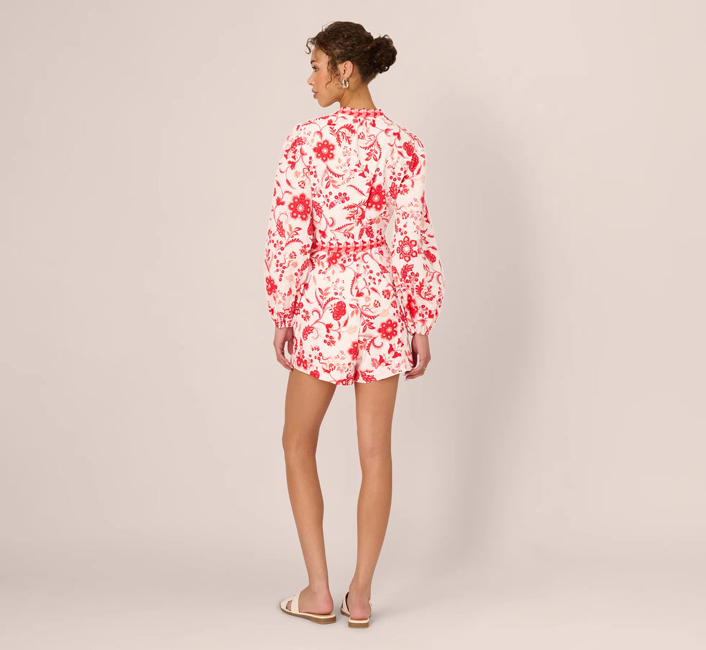Long Sleeve Tie Front Floral Romper In White Coral Multi