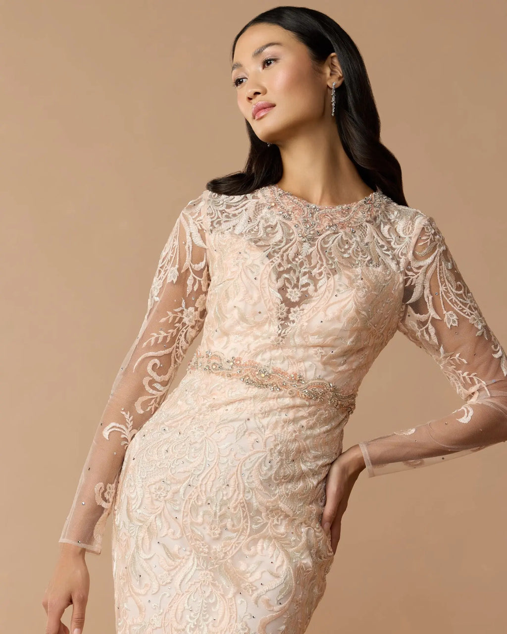Pink Embroidered Long Sleeve Gown With Feather Hem