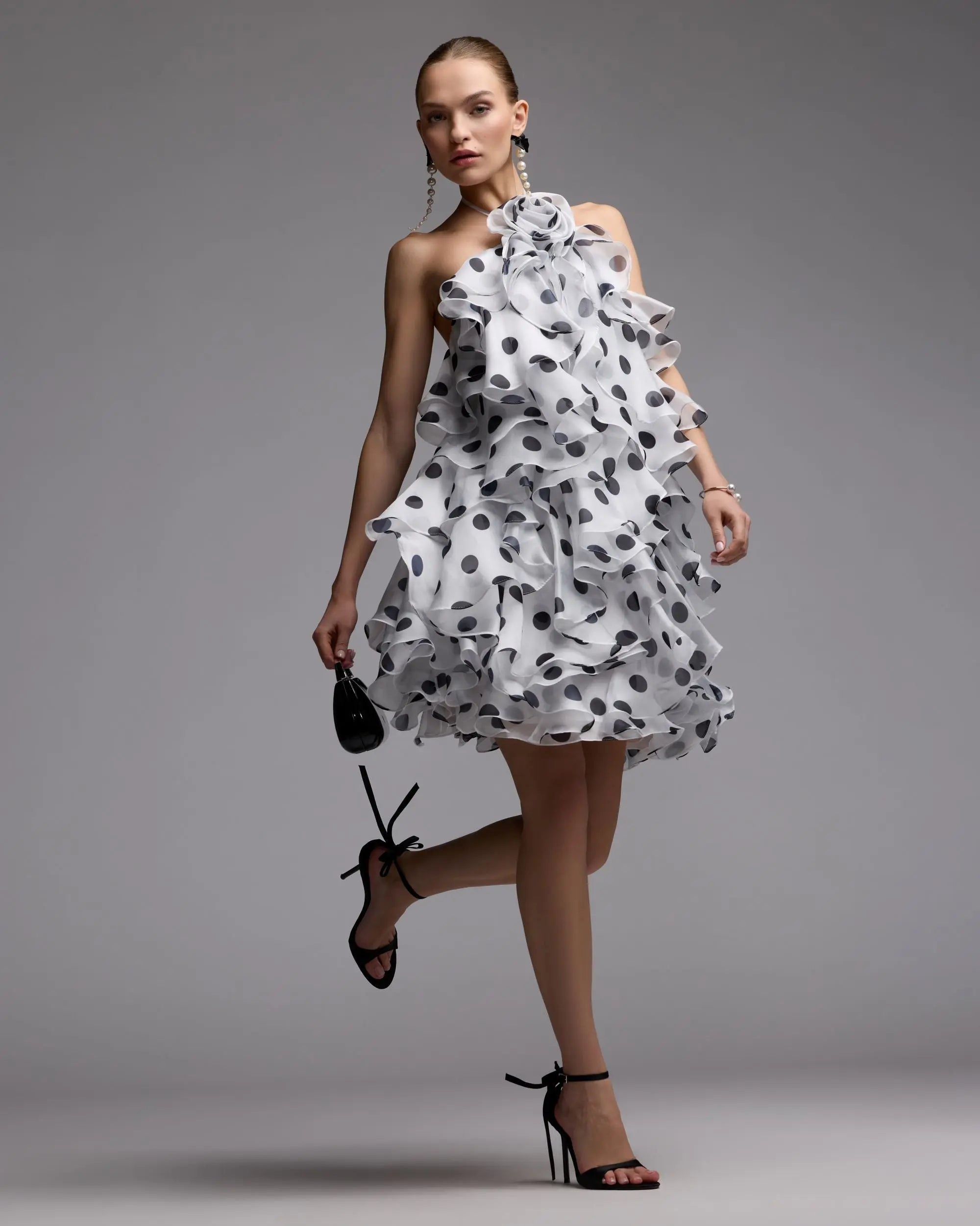 White Polka Dot Halter Neck Ruffle Mini Dress