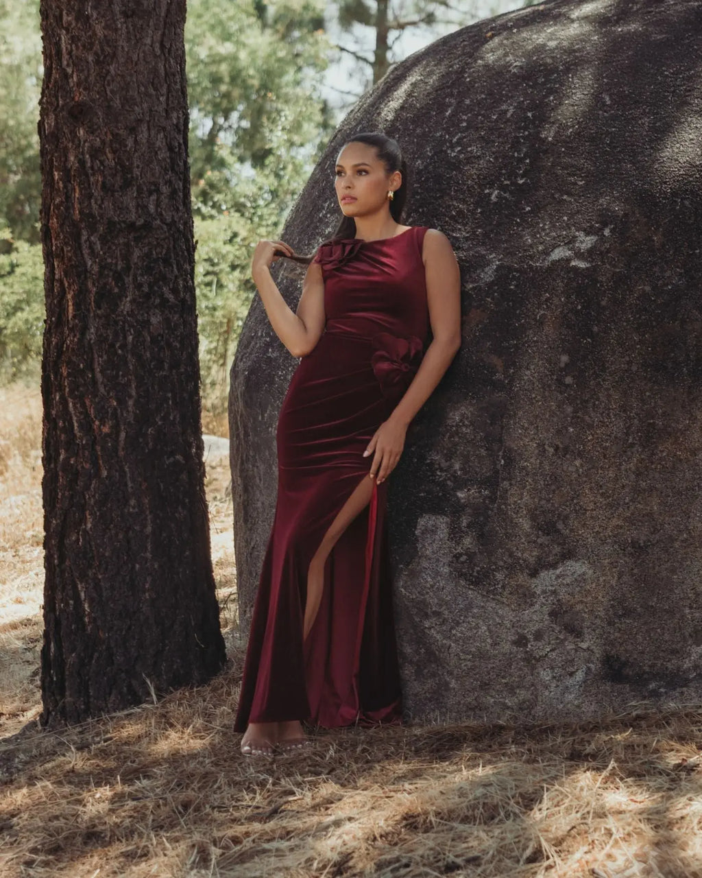 Red High Neck Velvet Column Gown With 3D Flowers