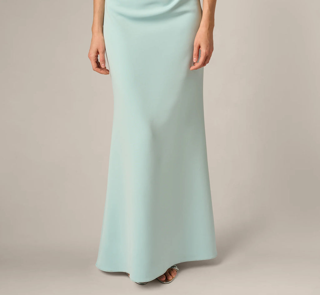Off Shoulder Bell Sleeve Rosette Gown In Airy Aqua