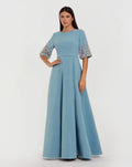 Crepe Gown With Embellished 3/4 Sleeves