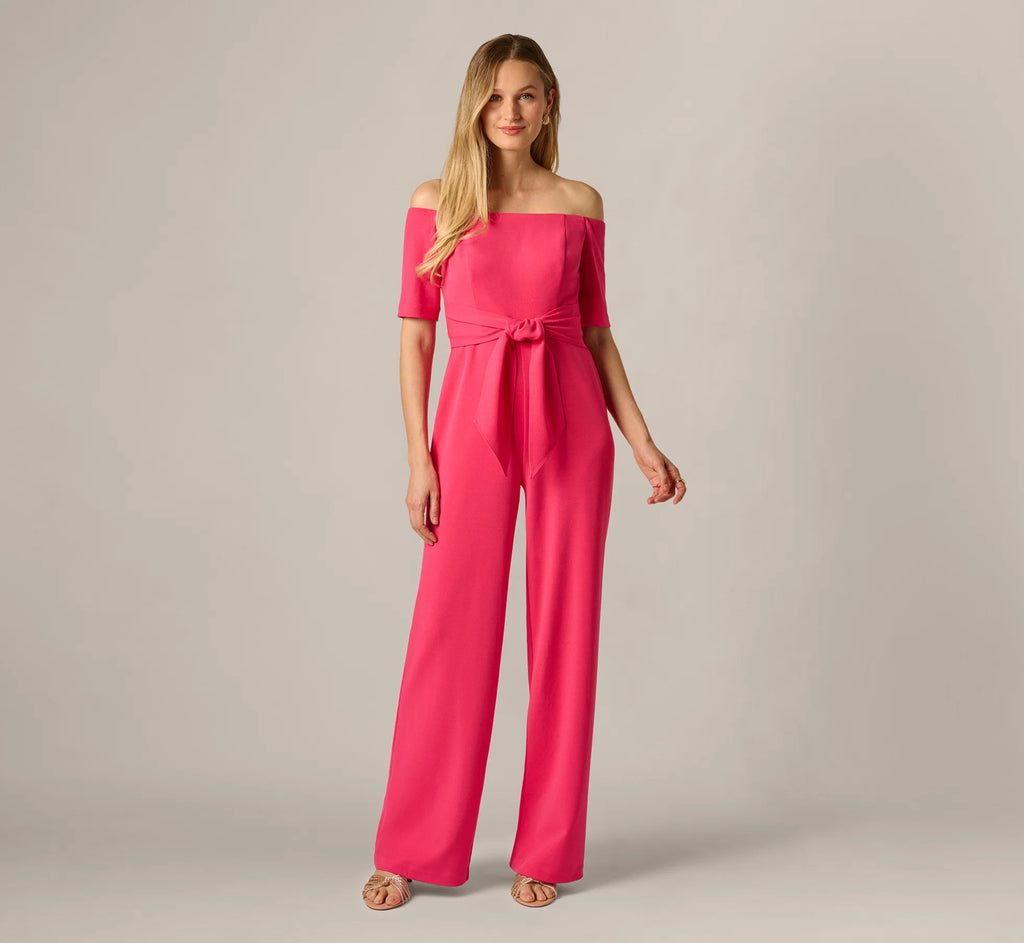 Off Shoulder Tie Front Stretch Jumpsuit In Camellia