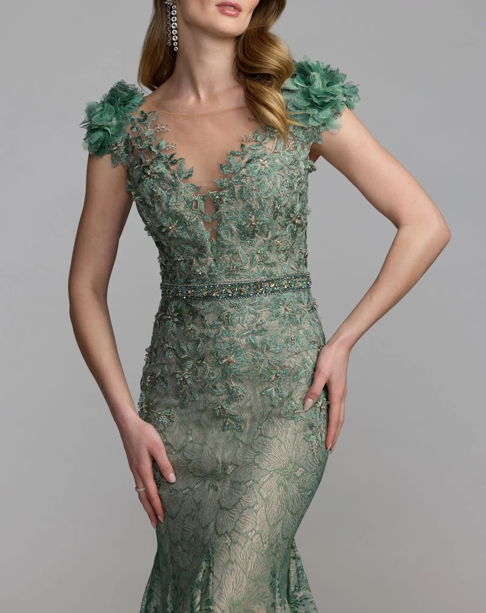 Green Embellished Lace Illusion Neck Gown With 3D Flowers