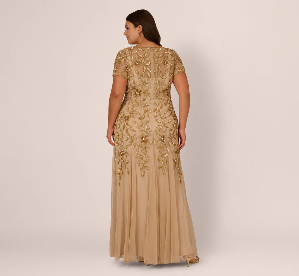 Plus Size Hand Beaded Short Sleeve Floral Godet Gown In Champagne Gold