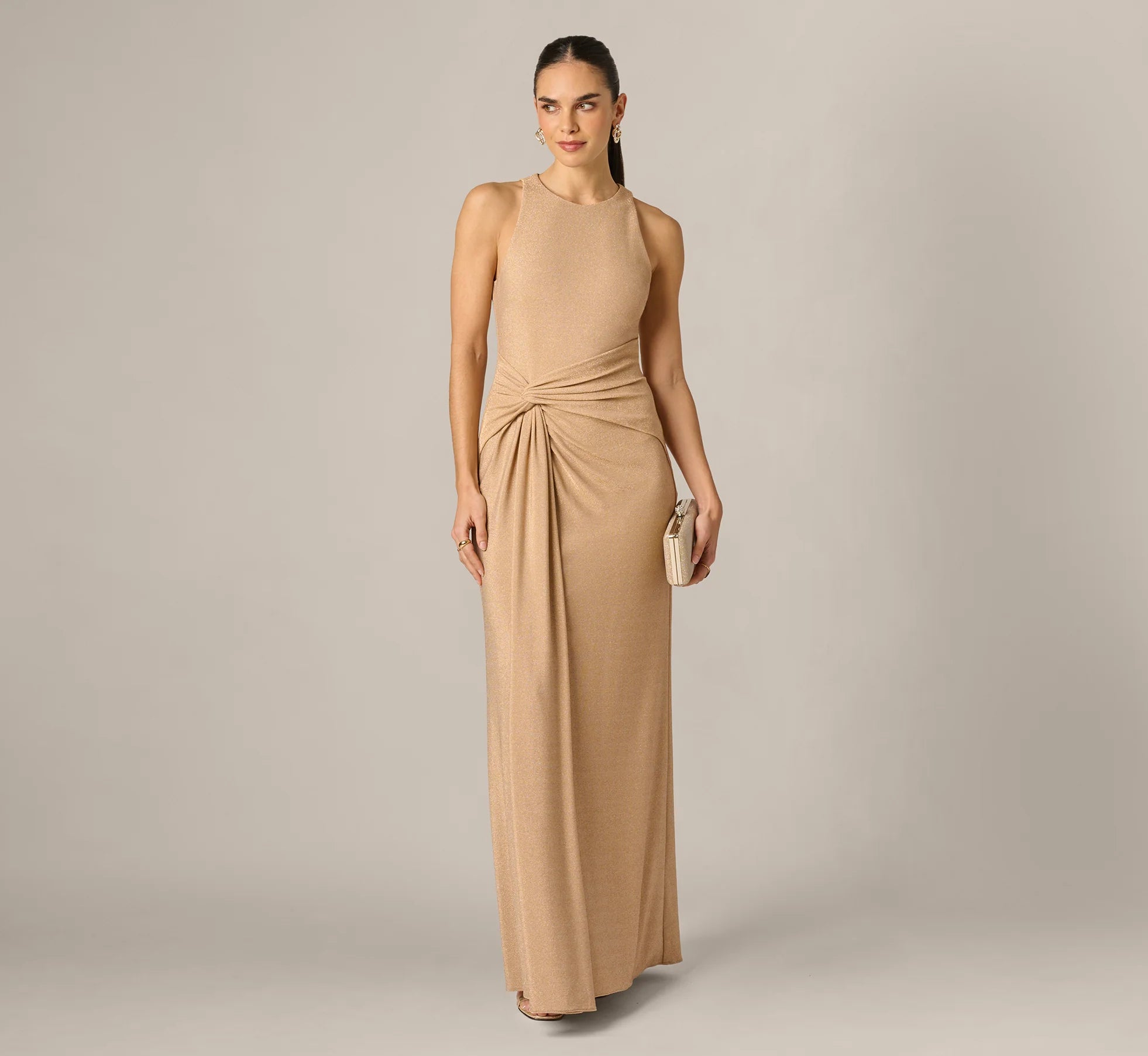 Metallic Stretch Knit Draped Gown In Light Gold