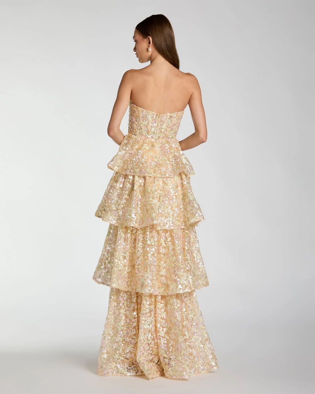 Gold Embellished Strapless Sweetheart Ruffle Gown