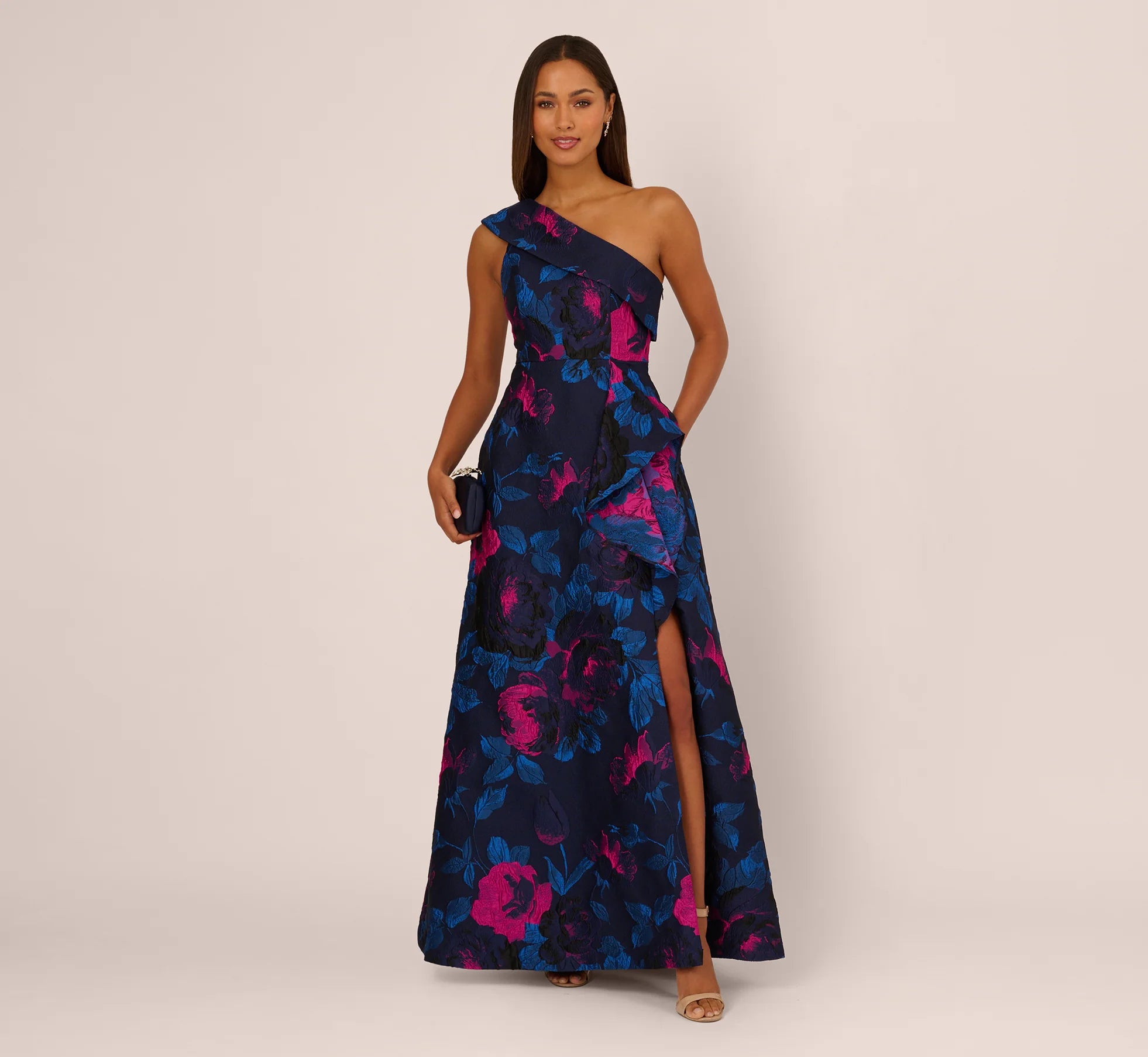 One Shoulder Floral Jacquard A Line Gown In Navy Orchid