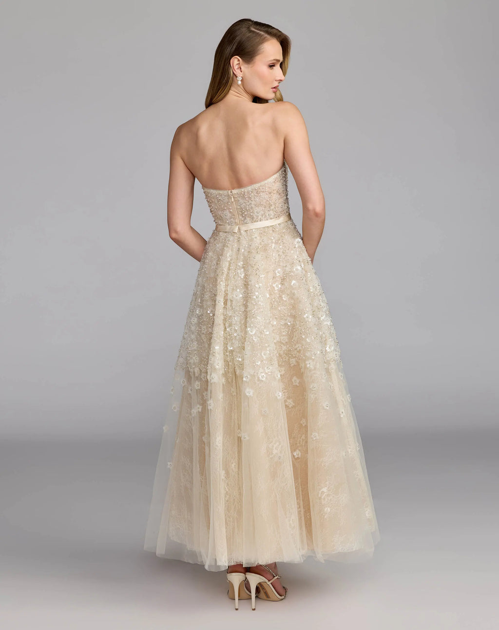 Ivory Strapless Embellished Lace A-Line Midi Dress