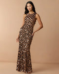 Brown Sequin Embellished Sleeveless Gown With Beaded Fringe
