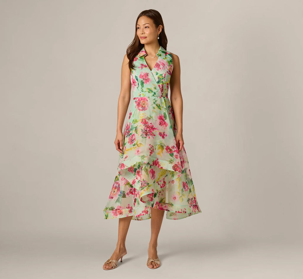 Collared Floral Organza High Low Midi Dress In Mint Multi