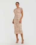 Pink Embellished Cap Sleeve Midi Dress