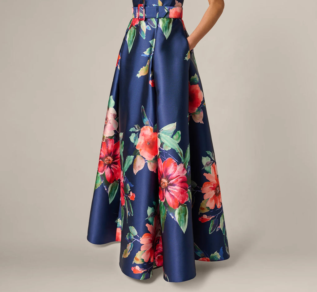 Short Sleeve Magnolia Floral Ballgown In Navy Multi