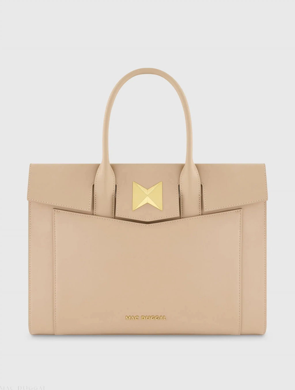 Beige Large Leather Briefcase Bag With Gold Hardware