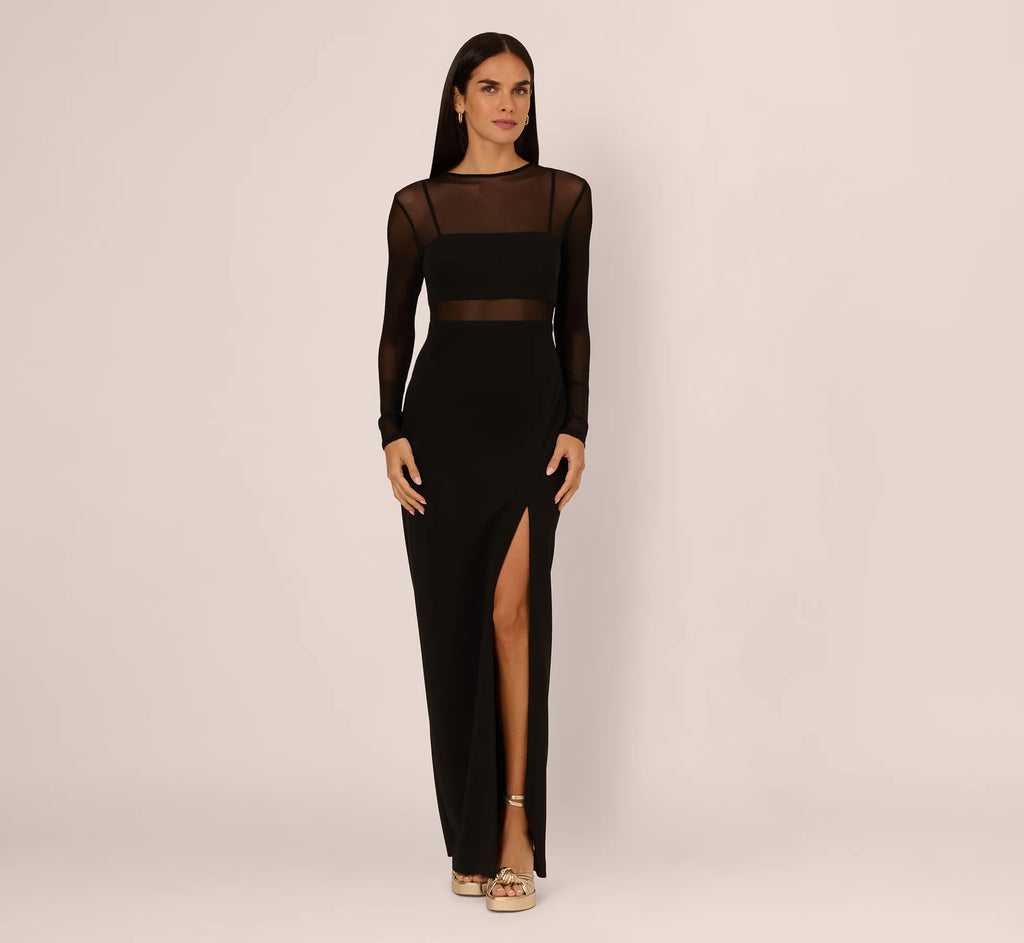 Long Sleeve Knit Crepe Mesh Illusion Column Dress In Black
