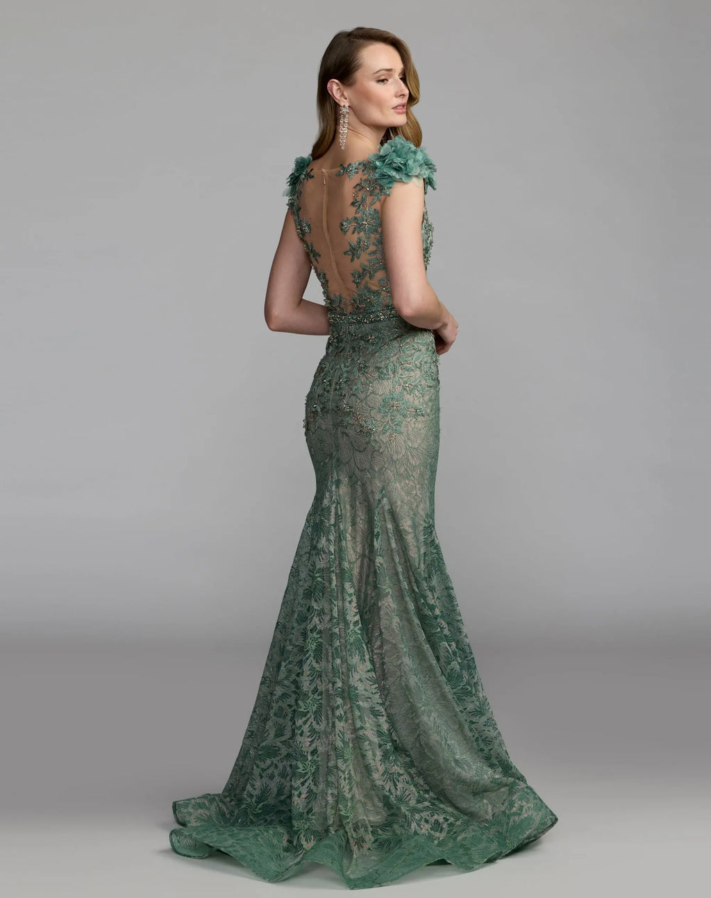 Green Embellished Lace Illusion Neck Gown With 3D Flowers